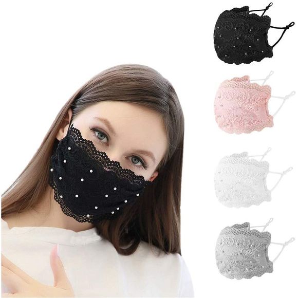 Beautiful Pink Lace Face Mask with Pearls - Picture 2 of 10